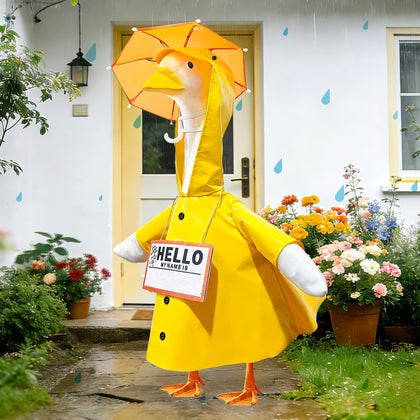 JarThenaAMCS raincoat on a yellow goose adds outdoor charm and weather resistance.