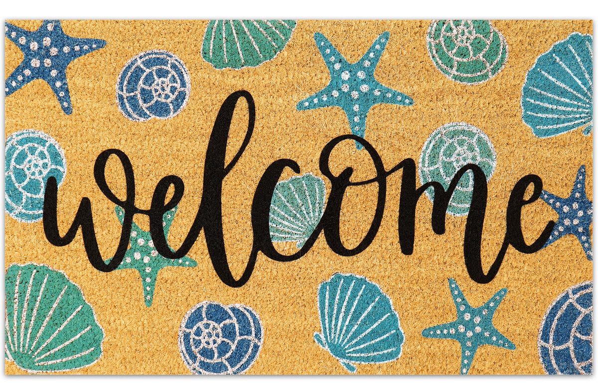 JarThenaAMCS seashell door mat with aqua blue welcome motif traps dirt at entry.