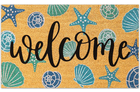 JarThenaAMCS seashell door mat with aqua blue welcome motif traps dirt at entry.