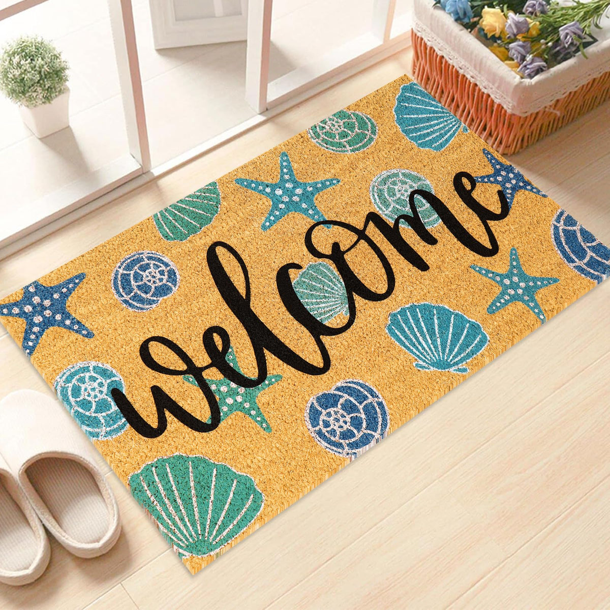 JarThenaAMCS welcome letters on coir mat scrapes shoes effectively.
