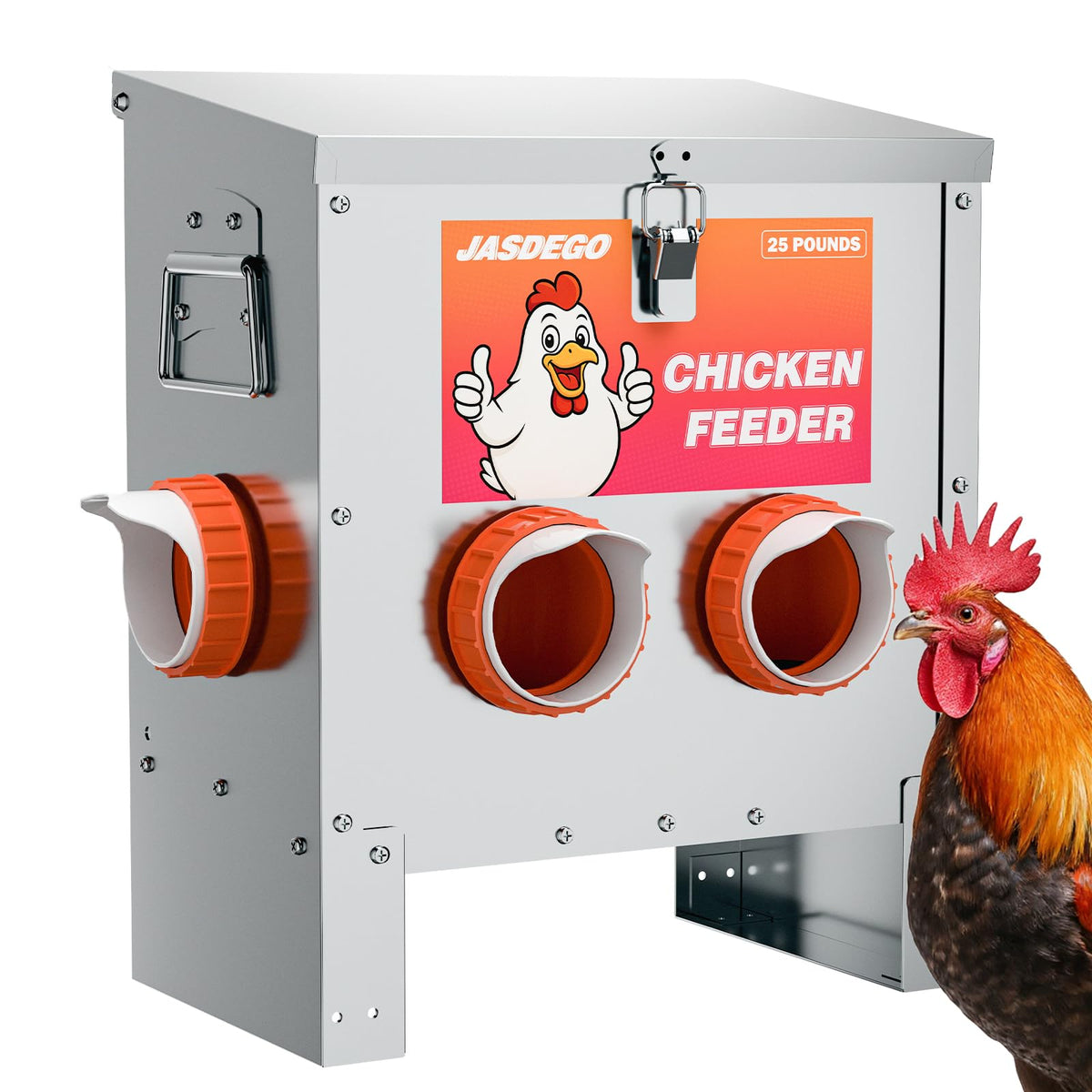 JASDEGO 4-ports feeder front view reduces waste and keeps feed dry.