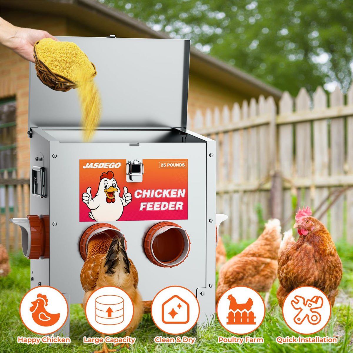 JASDEGO feeder top lid seal minimizes spills and preserves feed quality.