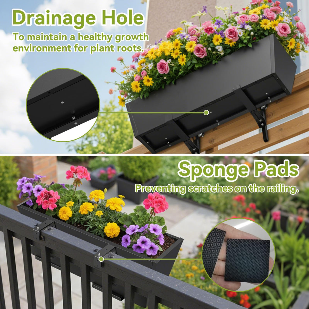 Jasdego 2-pack railing planters for versatile balcony setups.