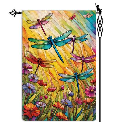 Jauageon dragonfly garden flag front view with double-sided print for outdoors.
