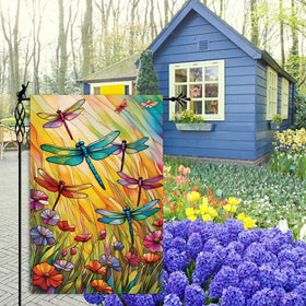 Jauageon floral dragonfly pattern flag highlights spring color in the yard.