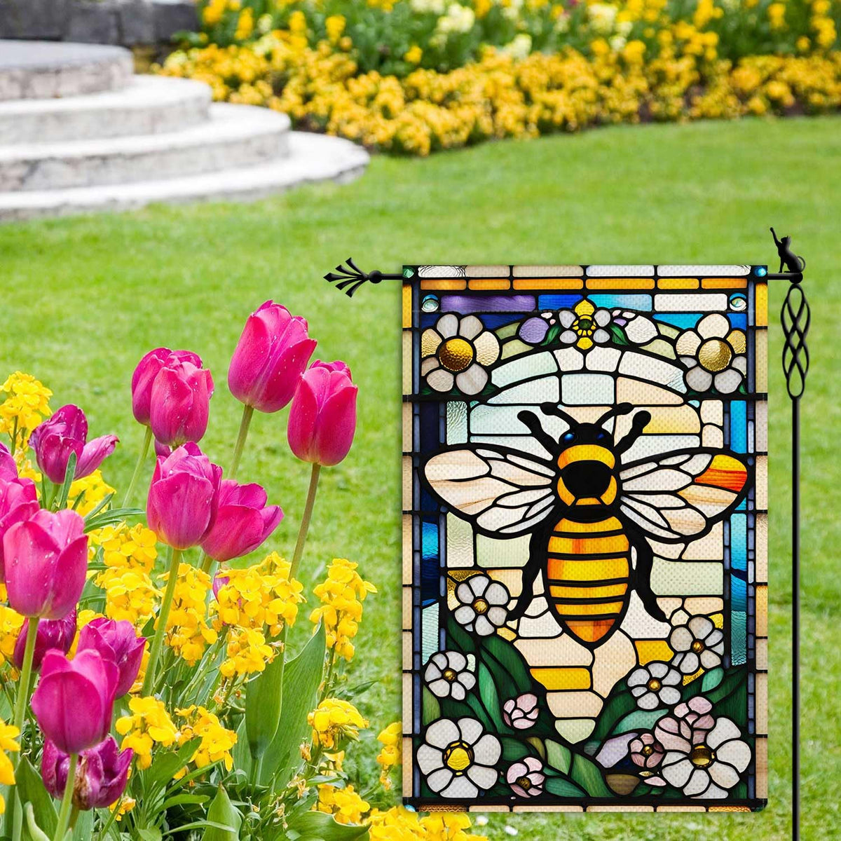 Jauageon Spring Garden flag 12.5x18 showcases cheerful flowers in outdoor spaces.