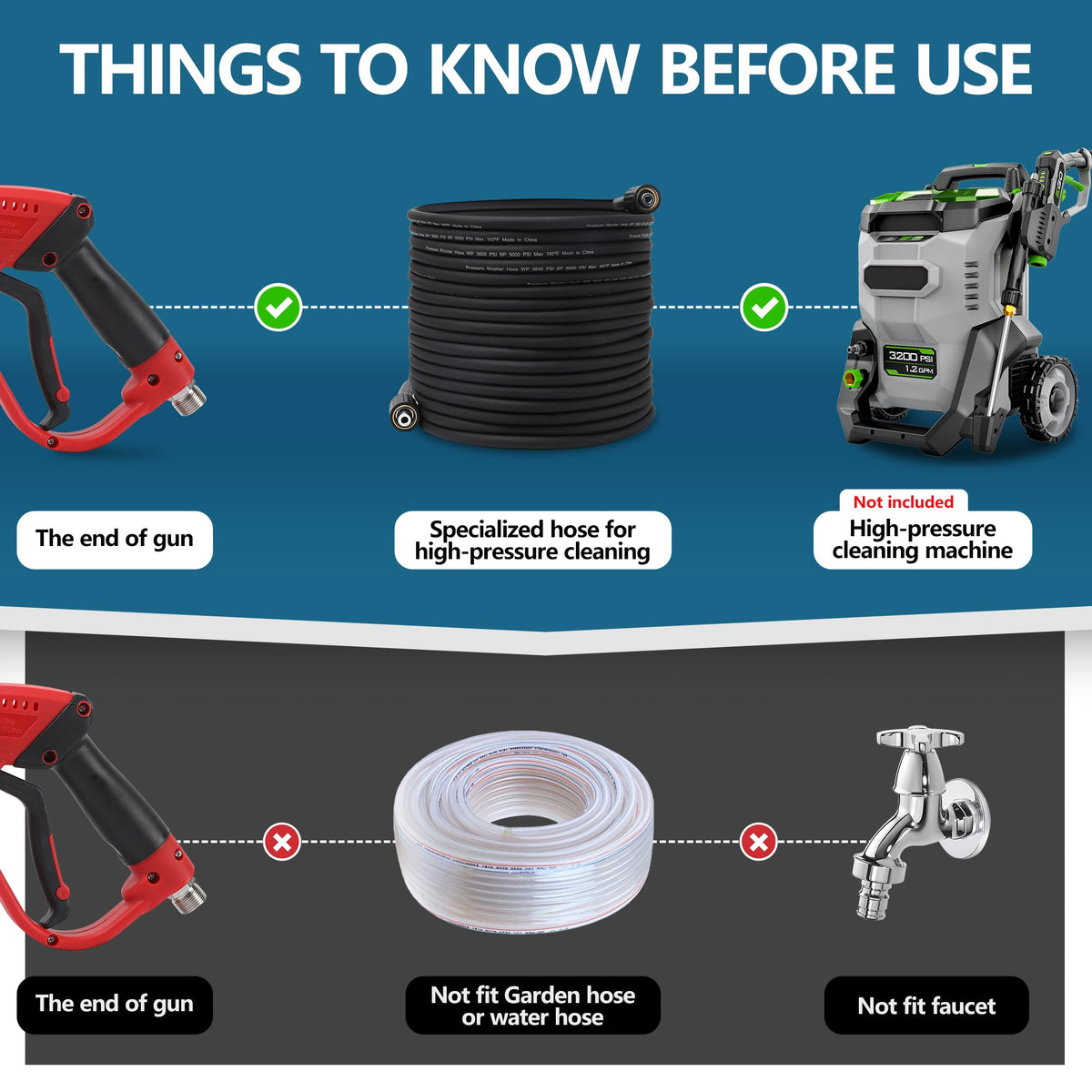 Javneo 50ft hose unfurled for long reach over outdoor surfaces.