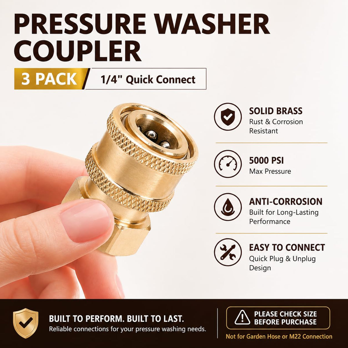 Javneo brass NPT adapter improves compatibility with hoses and spray accessories.