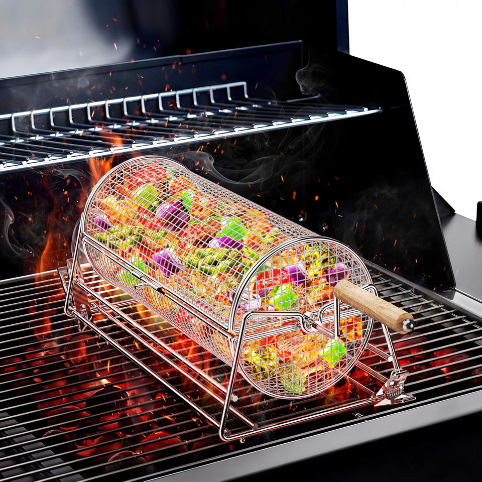 Jawjuly 2-in-1 rotatable grill basket on stand for even cooking