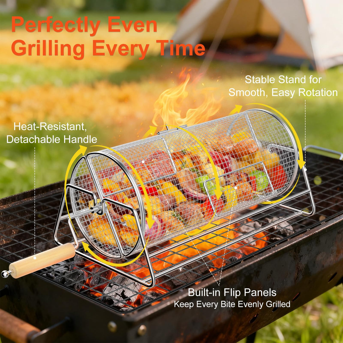 Jawjuly grill basket promotes nesting heat distribution for batch cooking.