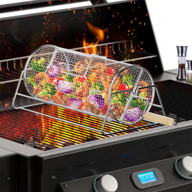 Jawjuly rotatable grill basket enables even cooking for vegetables and shrimp on the grill.