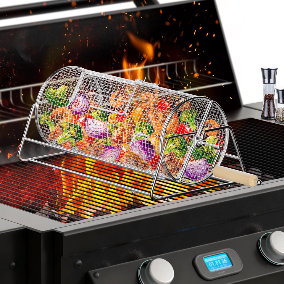 Jawjuly rotatable grill basket enables even cooking for vegetables and shrimp on the grill.