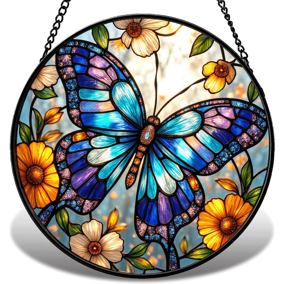 JAWNLITY butterfly stained glass suncatcher blue brightens windows with vivid color.