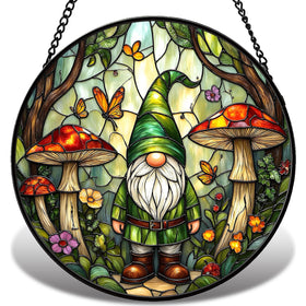 JAWNLITY gnome stained glass suncatcher with forest scene brightens sunlit windows.
