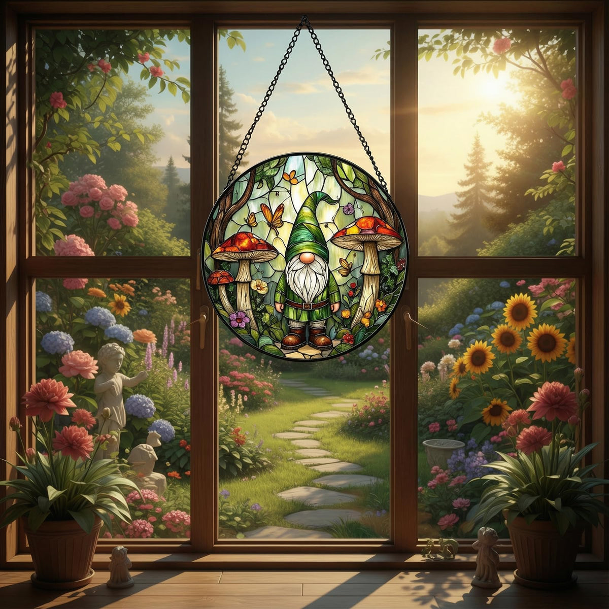 JAWNLITY gnome stained glass suncatcher featuring mushrooms and butterflies adds whimsy.
