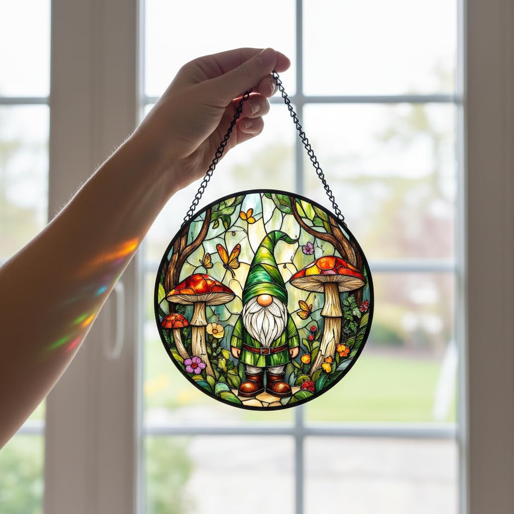 JAWNLITY gnome stained glass suncatcher ships ready to hang instantly.