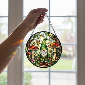 JAWNLITY gnome stained glass suncatcher ships ready to hang instantly.