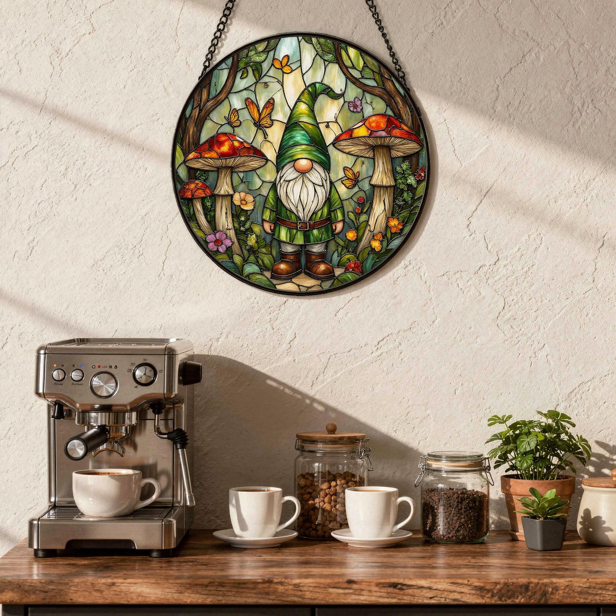 JAWNLITY gnome stained glass suncatcher highlights woodland greenery for cozy decor.