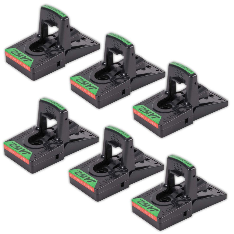 JT Eaton JAWZTM plastic mouse trap front view highlighting compact placement