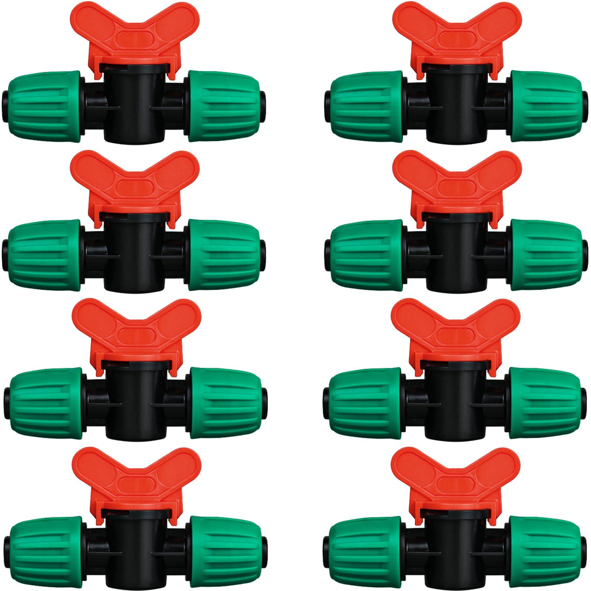 JAYEE 8-pack switch valves close-up showing barbed connection for secure drip lines
