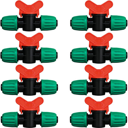JAYEE 8-pack switch valves close-up showing barbed connection for secure drip lines