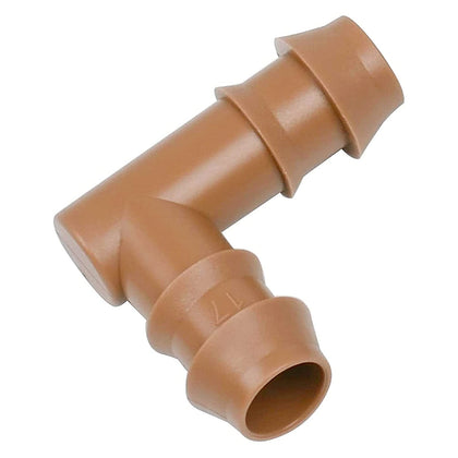 JAYEE barbed elbow connector securing 17mm drip tubing for leak-proof irrigation