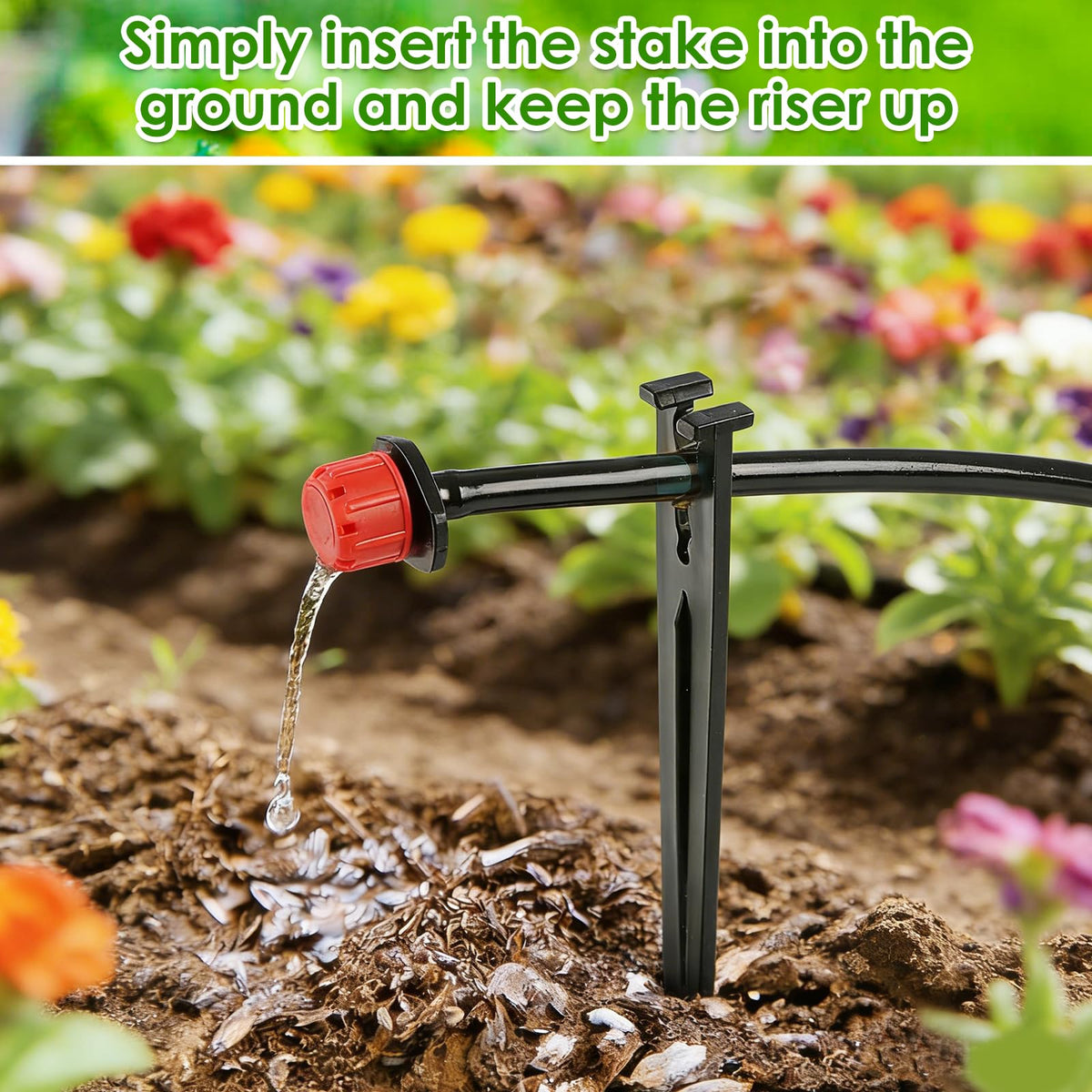 JAYEE container garden setup with stakes guiding emitter lines above soil.