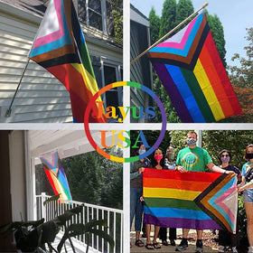 Jayus Progress Pride flag with brass grommets for secure hanging.