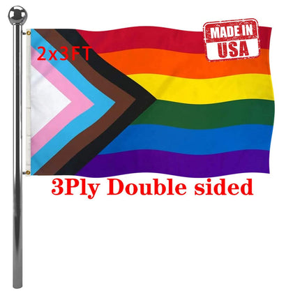 Jayus double-sided Progress Pride flag for outdoor use with high visibility.