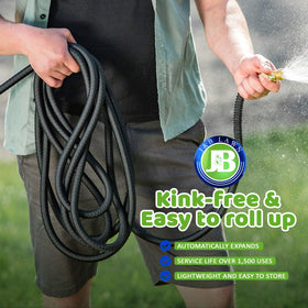 J&B XpandaHose 75ft 10-pattern nozzle for versatile watering.
