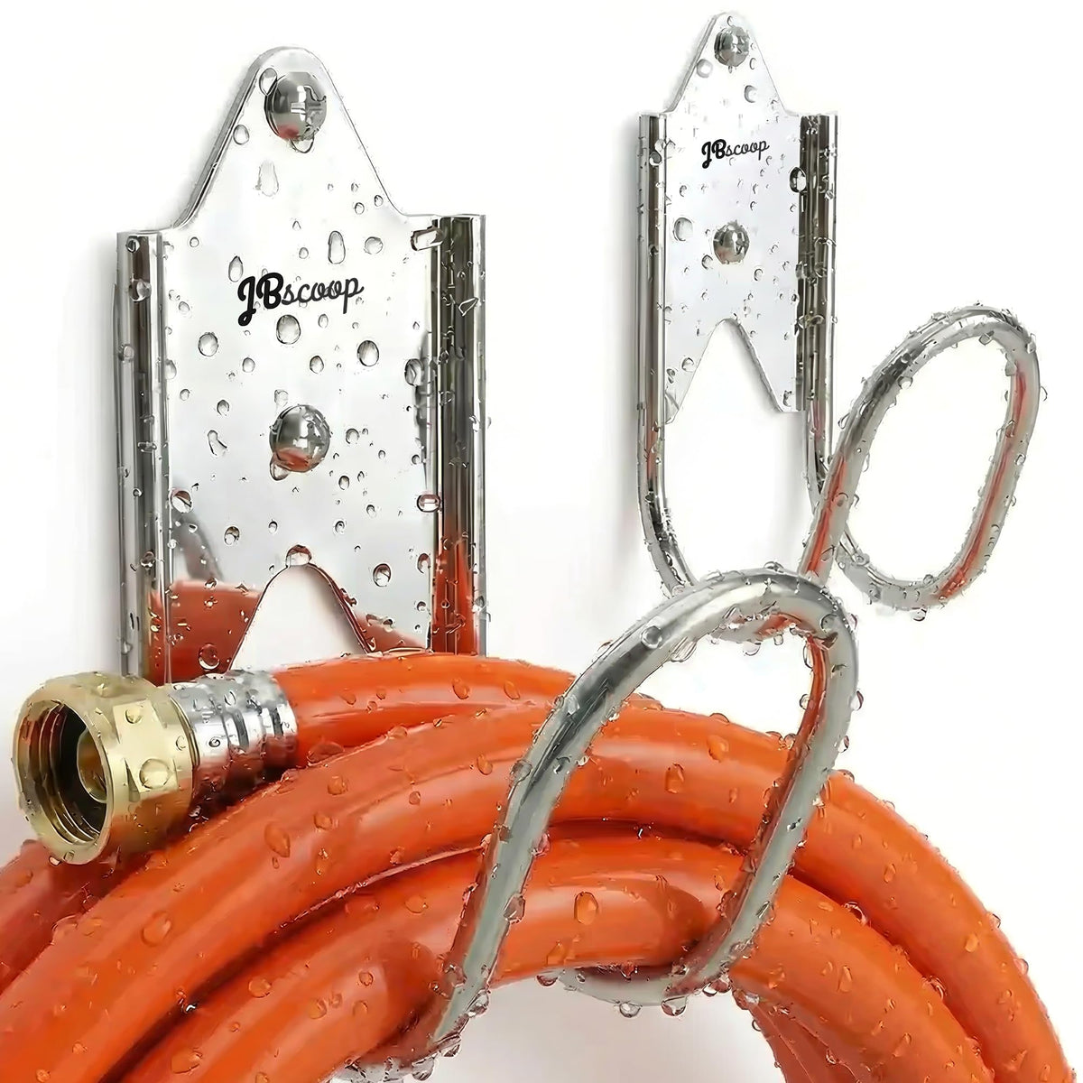 JBscoop stainless steel garden hose hanger set 2 mounted on wall for organized storage