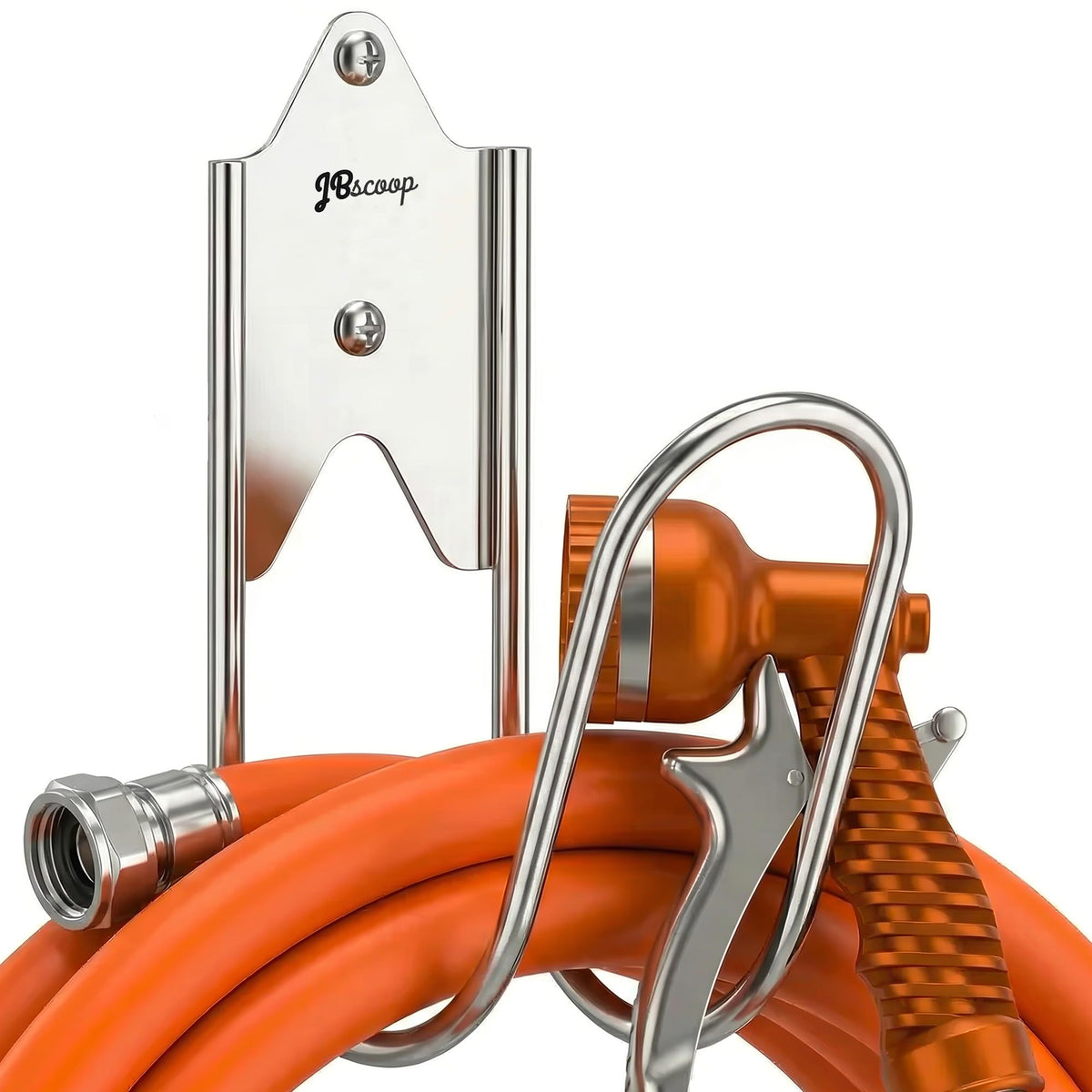 JBscoop stainless steel hose hanger on wall for organized outdoor storage