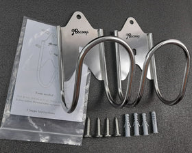 Close-up of JBscoop stainless steel hose hanger showing rust-free finish