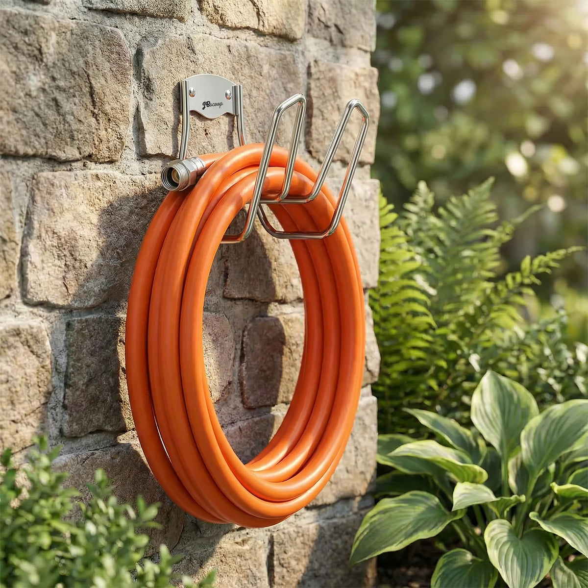 JBscoop stainless steel hose hook closeup demonstrates rust-proof durability