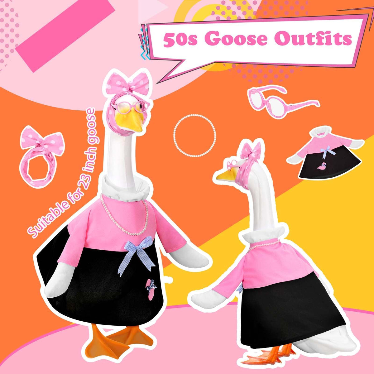 JcHrmers 1950s goose dress outfits transform cement statues into retro yard decor