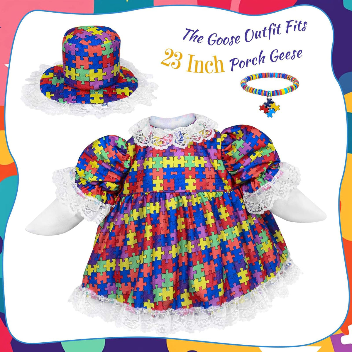 JcHrmers autism puzzle-piece dress with lace-trim hat brightens outdoor display.
