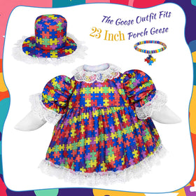 JcHrmers autism puzzle-piece dress with lace-trim hat brightens outdoor display.