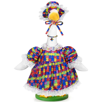 JcHrmers autism puzzle-piece goose outfit on a 23-inch statue enhances curb appeal.