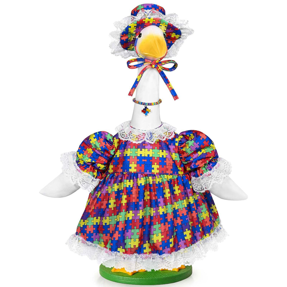 JcHrmers autism puzzle-piece goose outfit on a 23-inch statue enhances curb appeal.