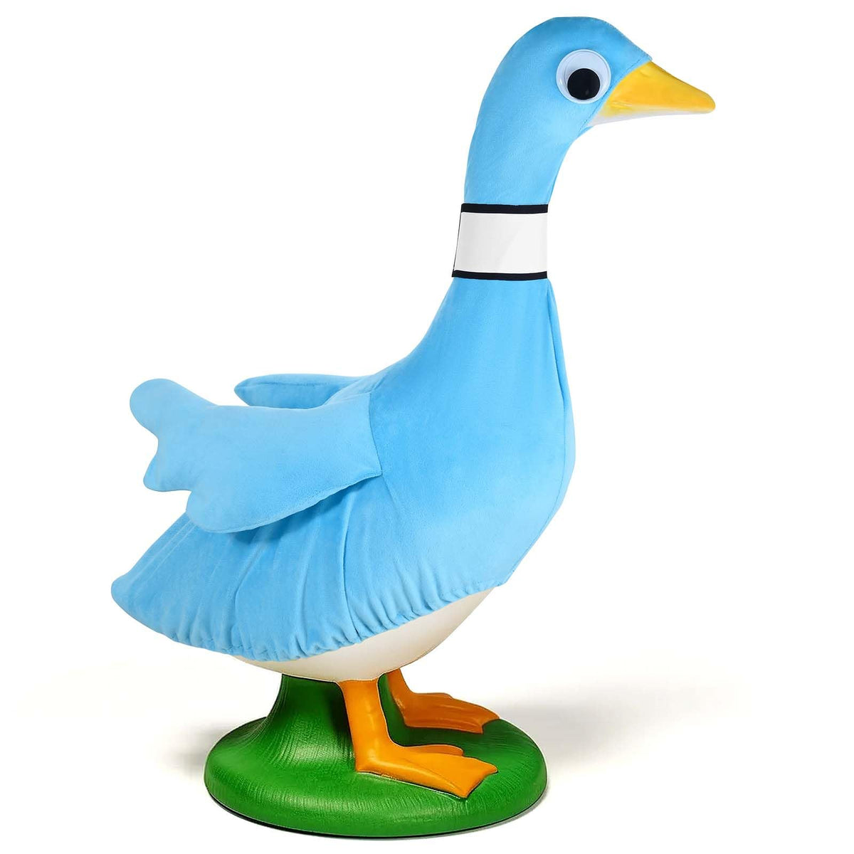 JcHrmers blue pigeon goose clothes on a 23-inch statue for classroom displays.