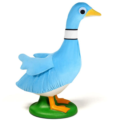 JcHrmers blue pigeon goose clothes on a 23-inch statue for classroom displays.