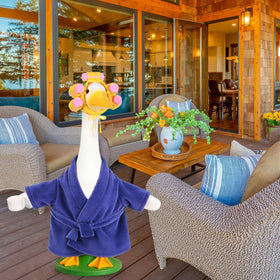 JcHrmers dark purple goose costume on a porch statue boosts curb appeal
