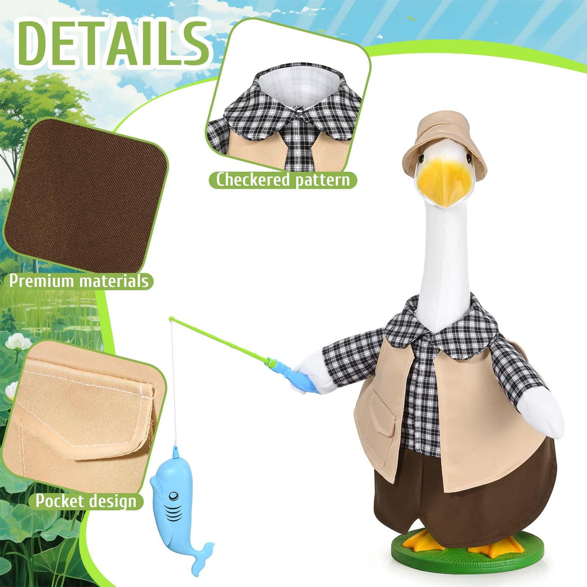 JcHrmers fishing porch goose vest highlight adds playful garden accent