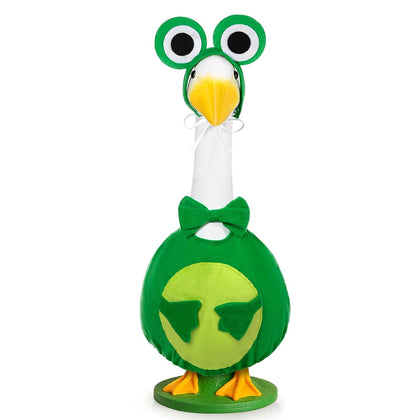 JcHrmers frog porch goose outfit bow tie enhances spring porch decor.