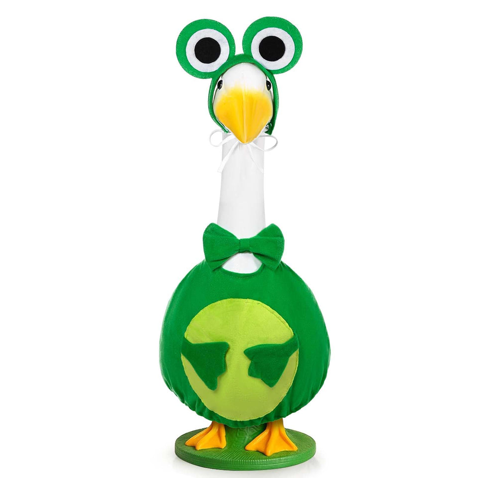 JcHrmers frog porch goose outfit bow tie enhances spring porch decor.