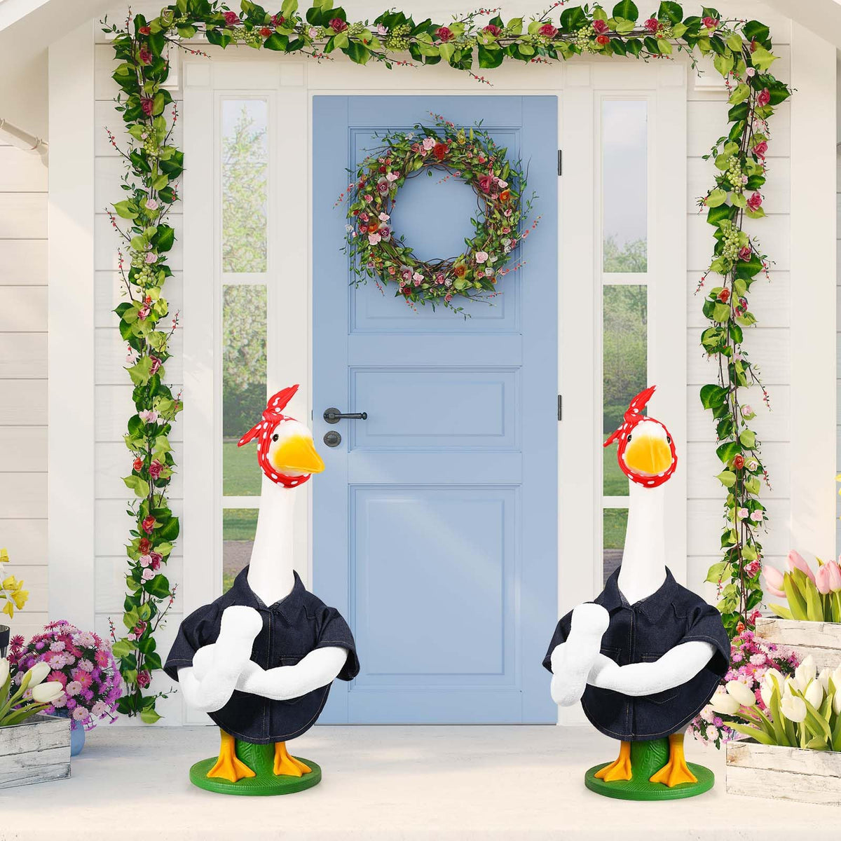 JcHrmers full goose outfit on lawn creates a bold focal point.