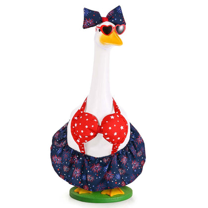 JcHrmers goose outfit on a porch statue adds patriotic curb appeal