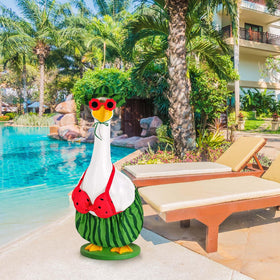 JcHrmers goose outfit on porch scene boosts festive yard ambience