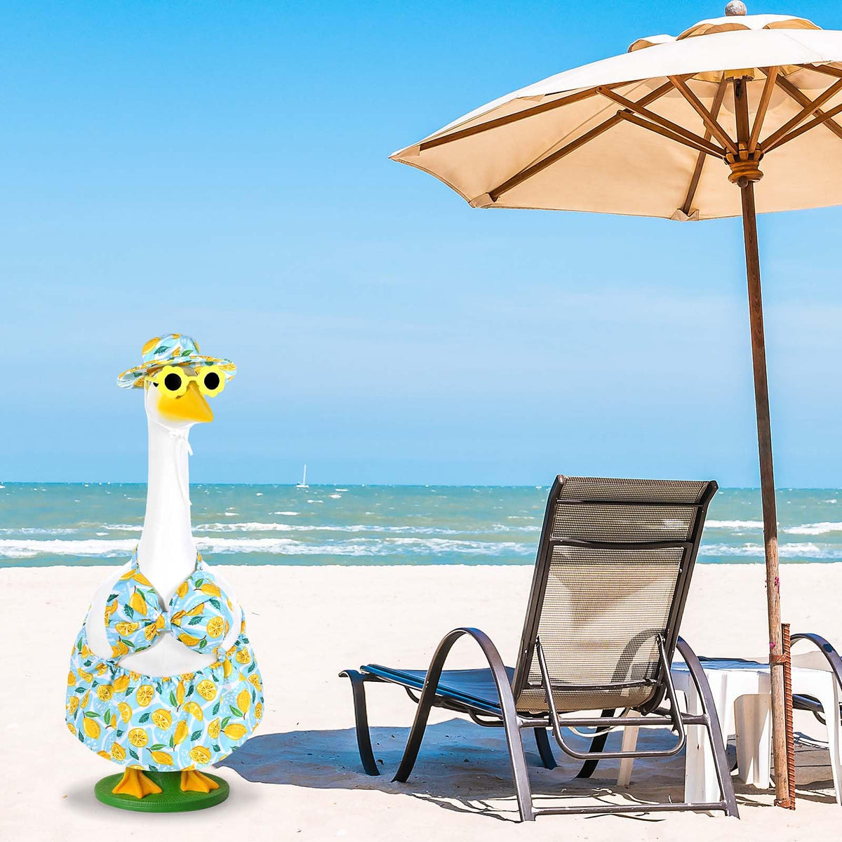 Summer-themed goose outfit fits 23-inch meadow geese for poolside displays