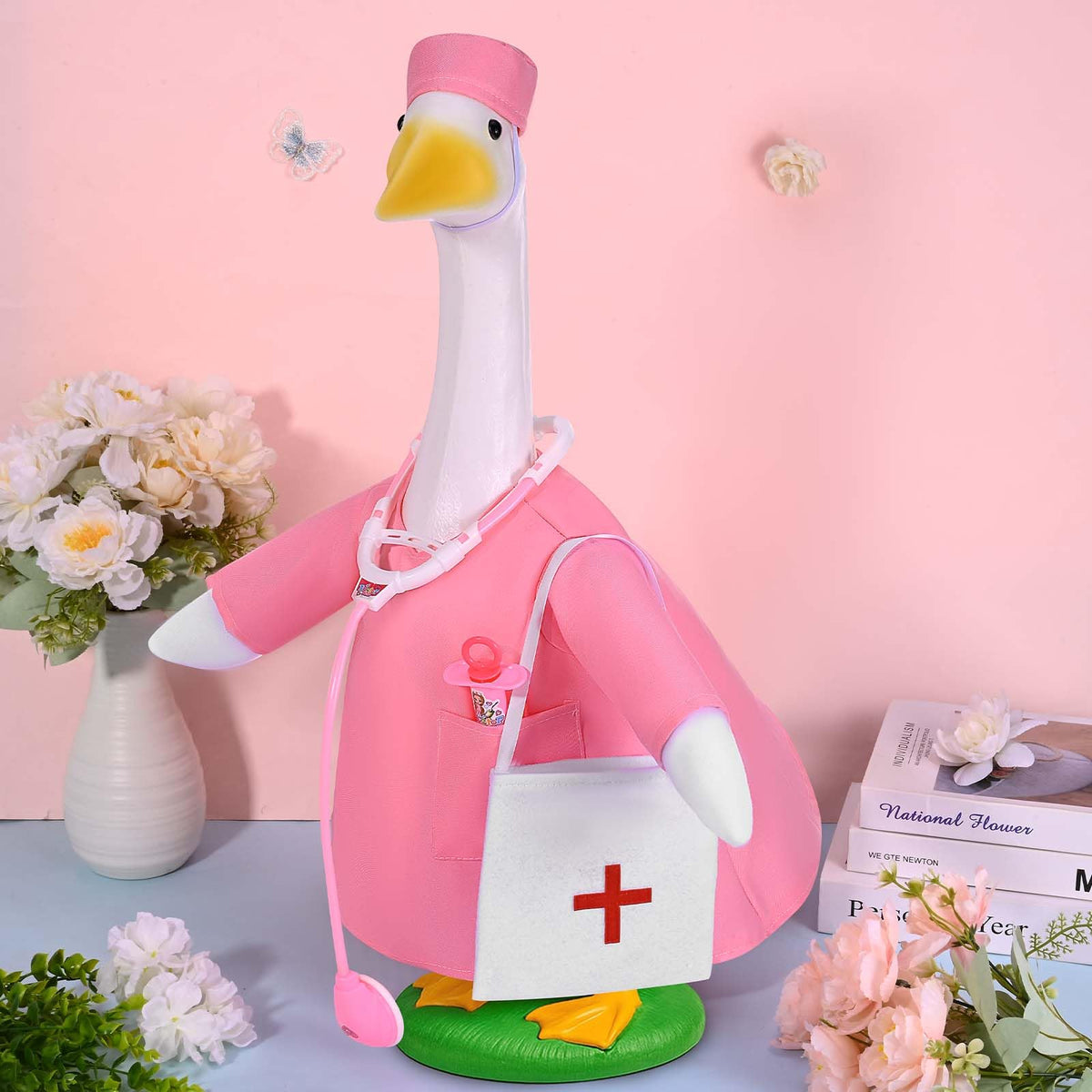 JcHrmers nurse hat and pink clothes enhance seasonal porch decor